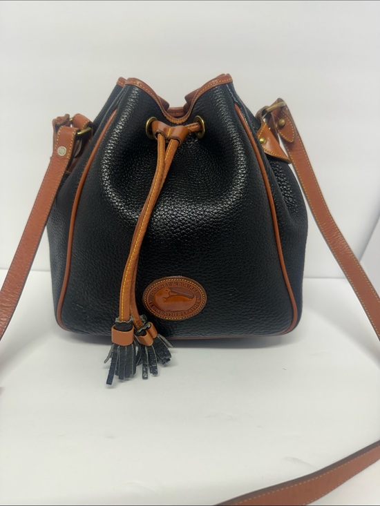 Dooney & Bourke Handbags - Dooney & Bourke Black Pebbled Leather Drawstring Bucket Bag with Tan Trim
